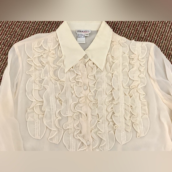 Women's 10 Vtg Ivory Cream 100% Silk Ruffled Bib Zola Evening Top Shirt Blouse - Picture 8 of 16
